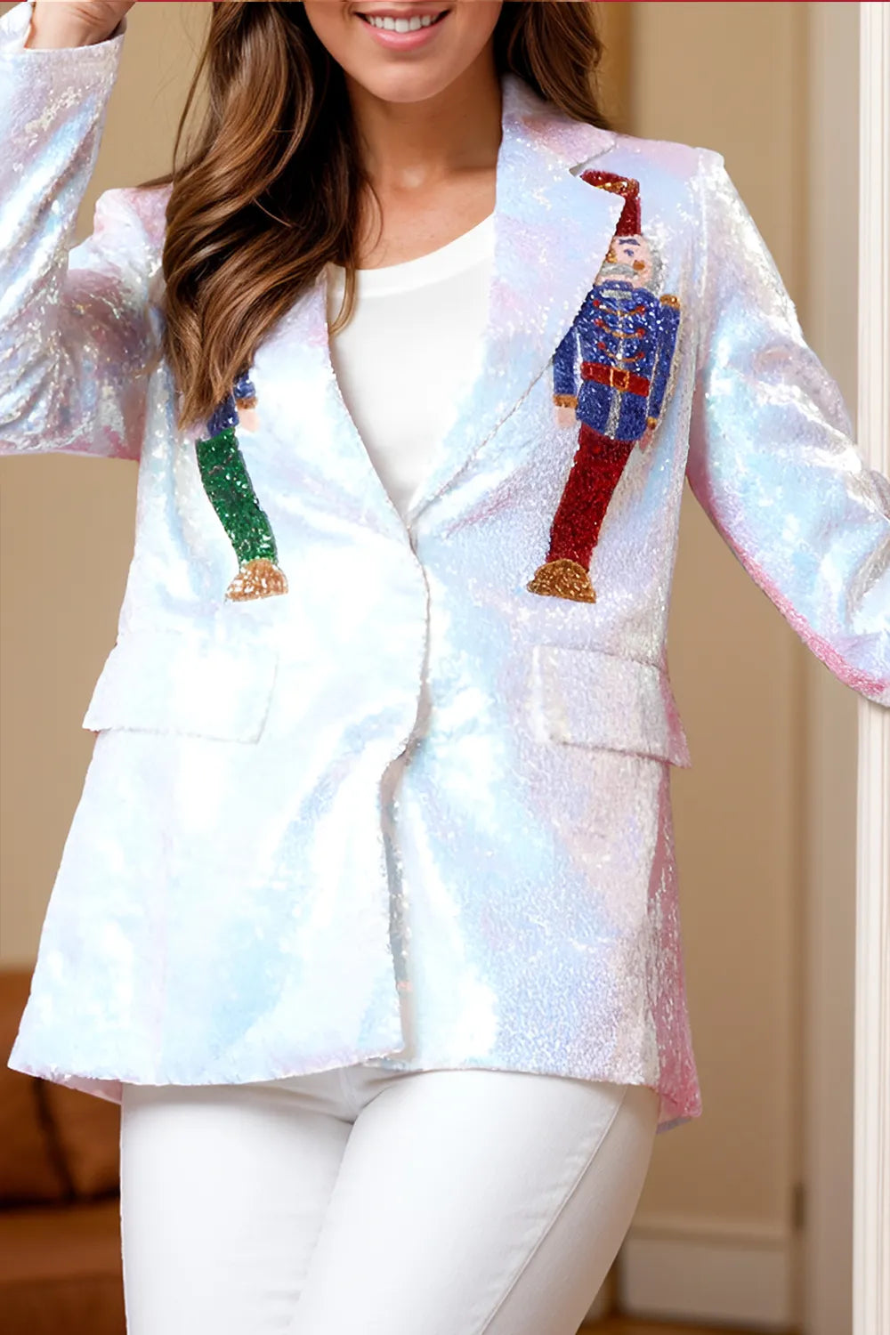 Sequin Nutcracker Long Sleeve Blazer White - Fashorio