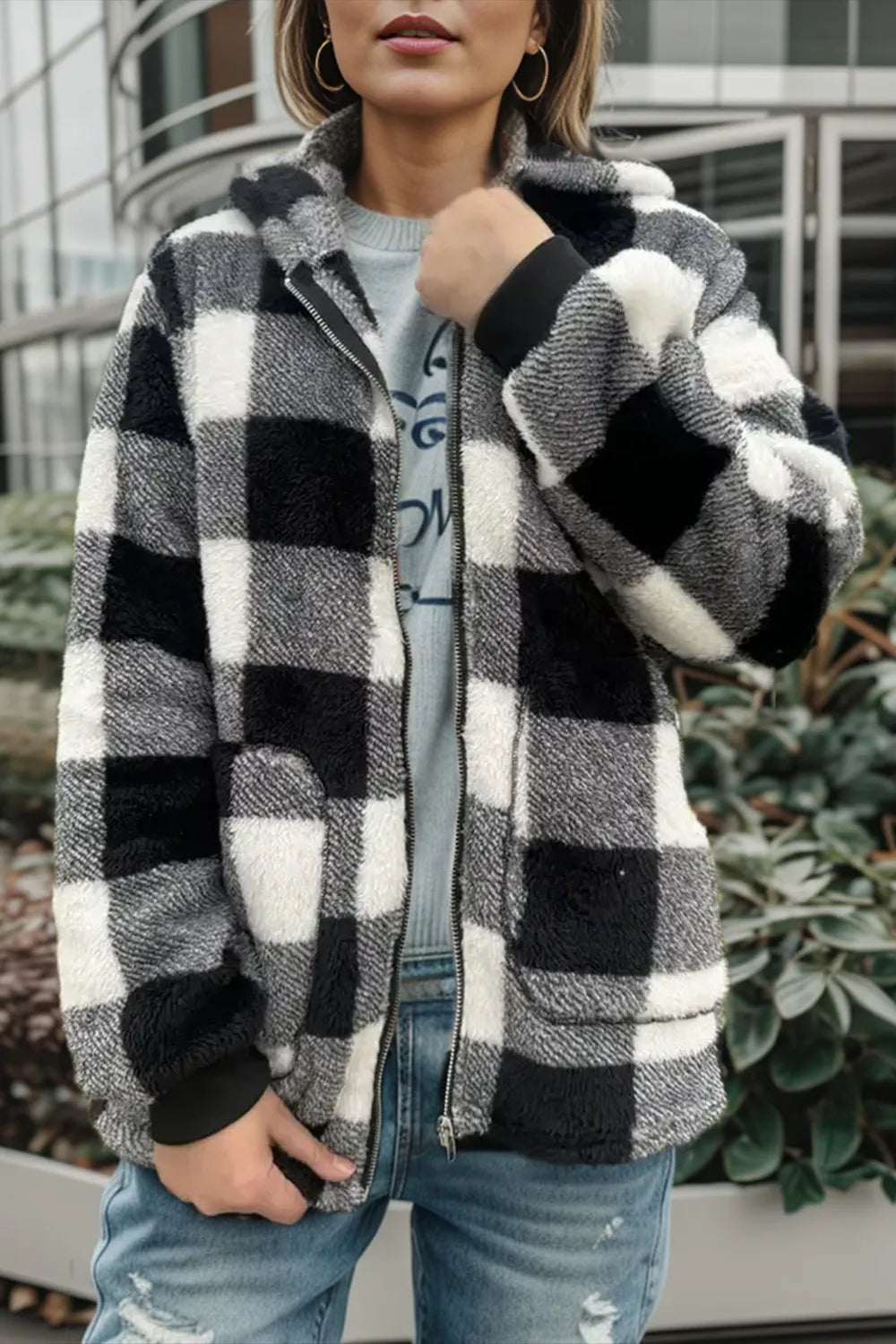 Double Take Full Size Plaid Long Sleeve Hooded Coat - Fashorio