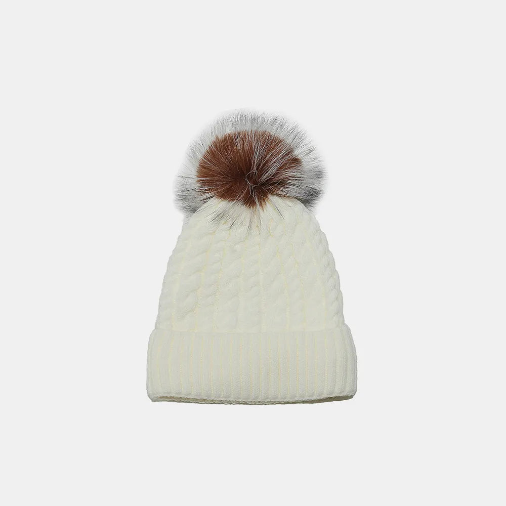 Cable Knit Winter Hat with Pompom Ivory One Size - Fashorio