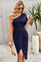Devine Ruched One-Shoulder Tulip Hem Dress Navy - Fashorio