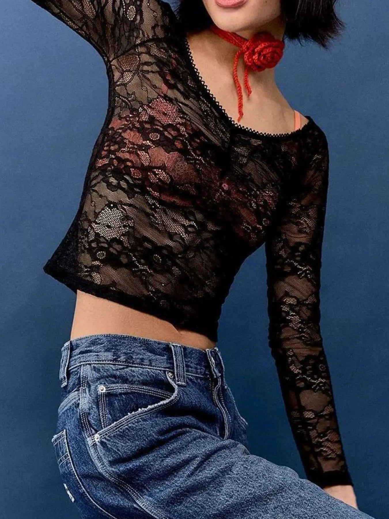 Lace Sheer Long Sleeve T-Shirt - Fashorio