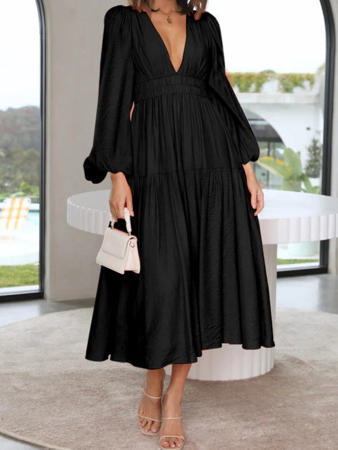 Deep V-Neck Balloon Sleeve Plain Maxi Dress Black - Fashorio