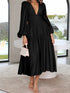 Deep V-Neck Balloon Sleeve Plain Maxi Dress Black - Fashorio