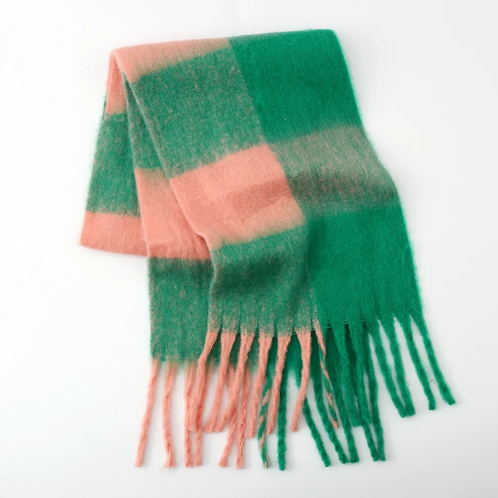 Fringe Contrast Plaid Polyester Scarf Green One Size - Fashorio