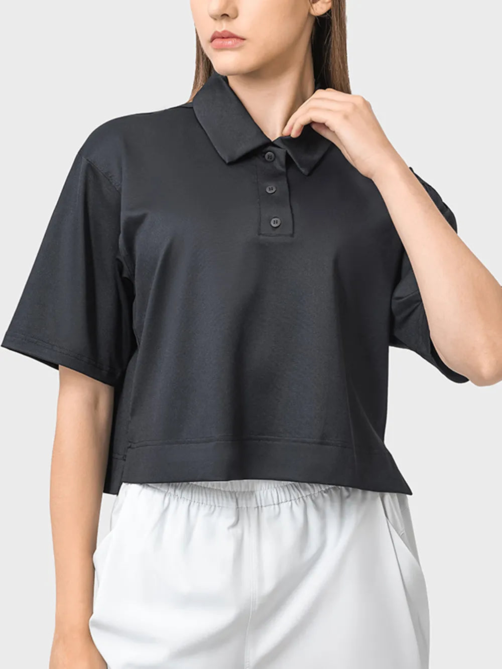 Millennia Half Button Short Sleeve Active T-Shirt Black - Fashorio