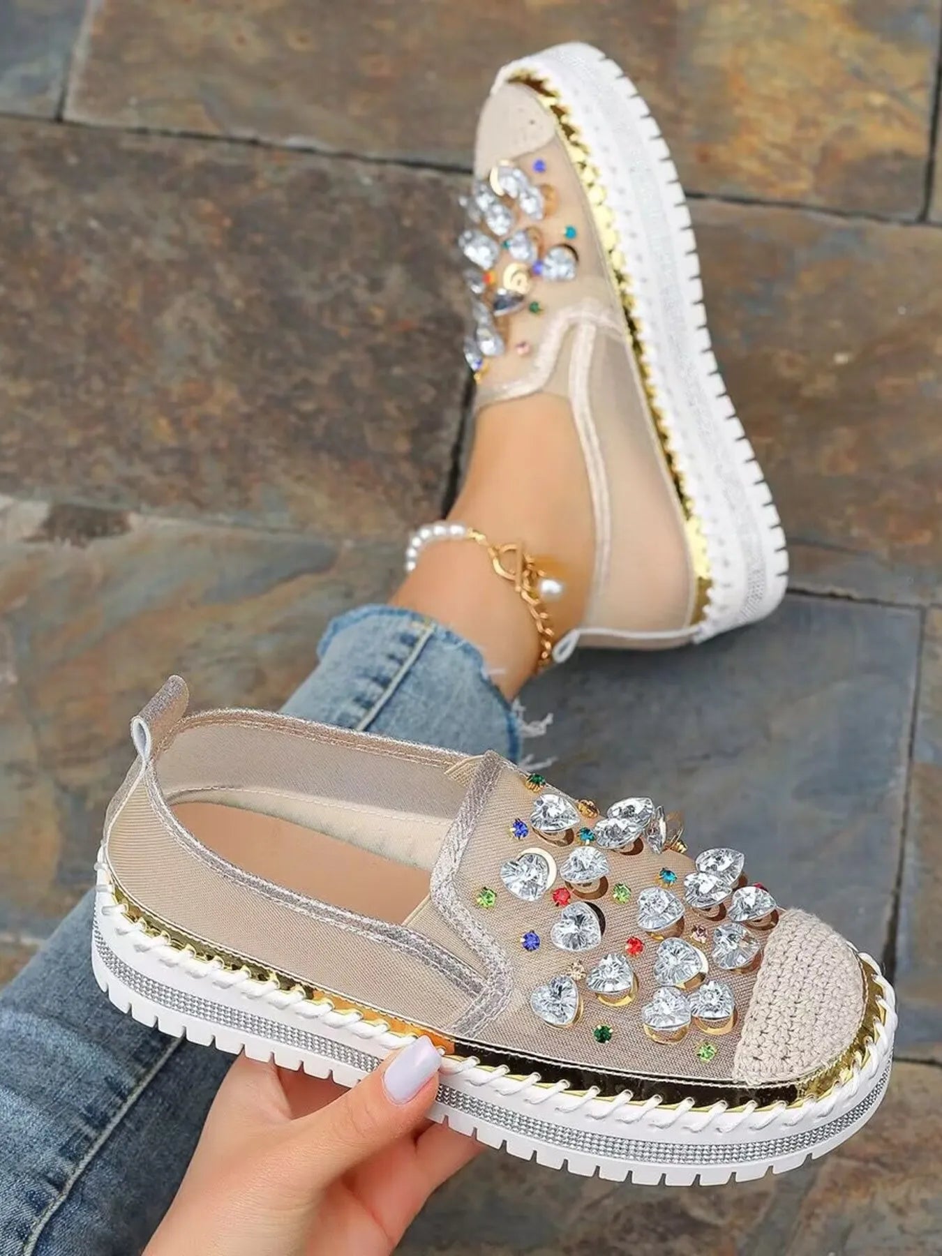 Rhinestone Round Toe Platform Loafers Ivory - Fashorio