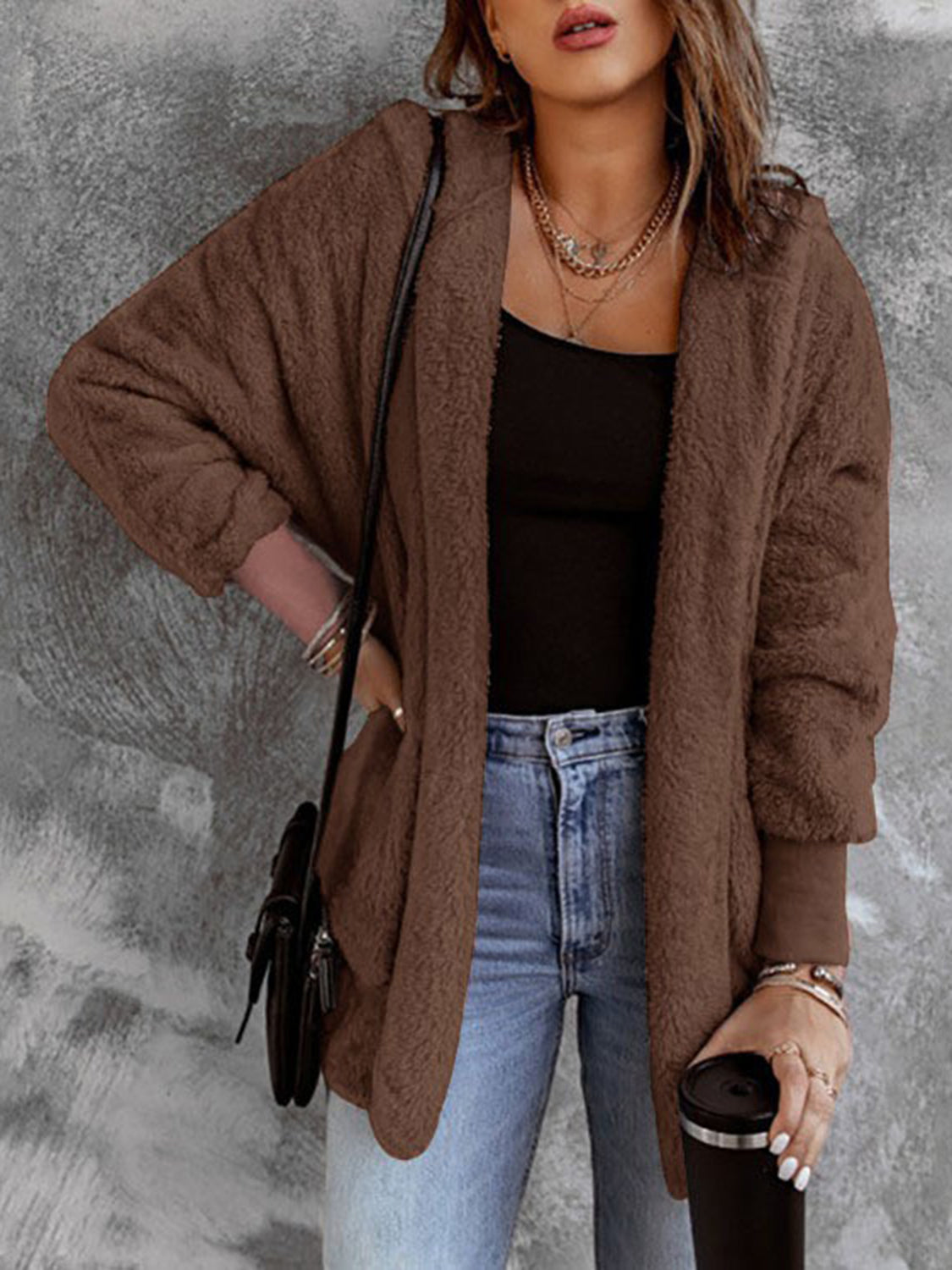 Open Front Hooded Faux Fur Outwear with Pockets Brown - Fashorio