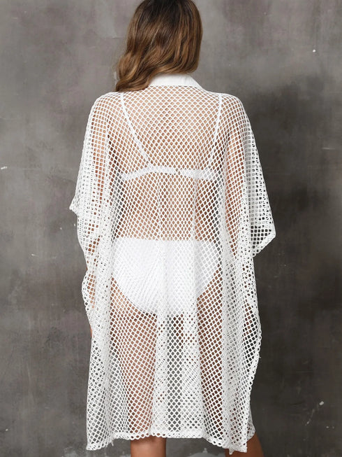 Sheer Mesh Button Up Cover Up - Fashorio