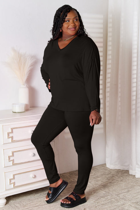 Basic Bae Full Size V-Neck Soft Rayon Long Sleeve Top and Pants Lounge Set - Fashorio