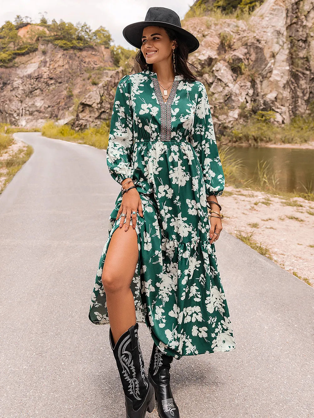 Printed Notched Neck Maxi Dress Turquoise - Fashorio