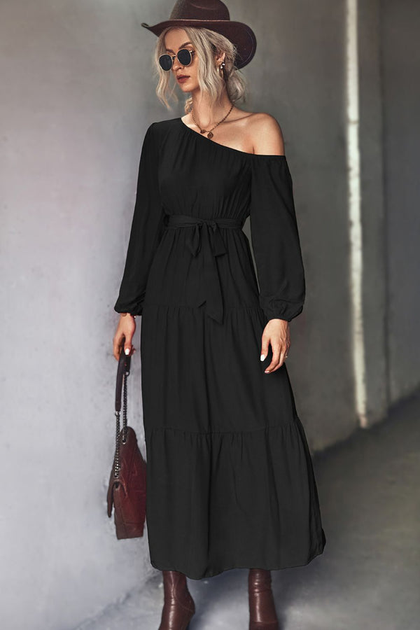 Belted One-Shoulder Tiered Maxi Dress Black - Fashorio
