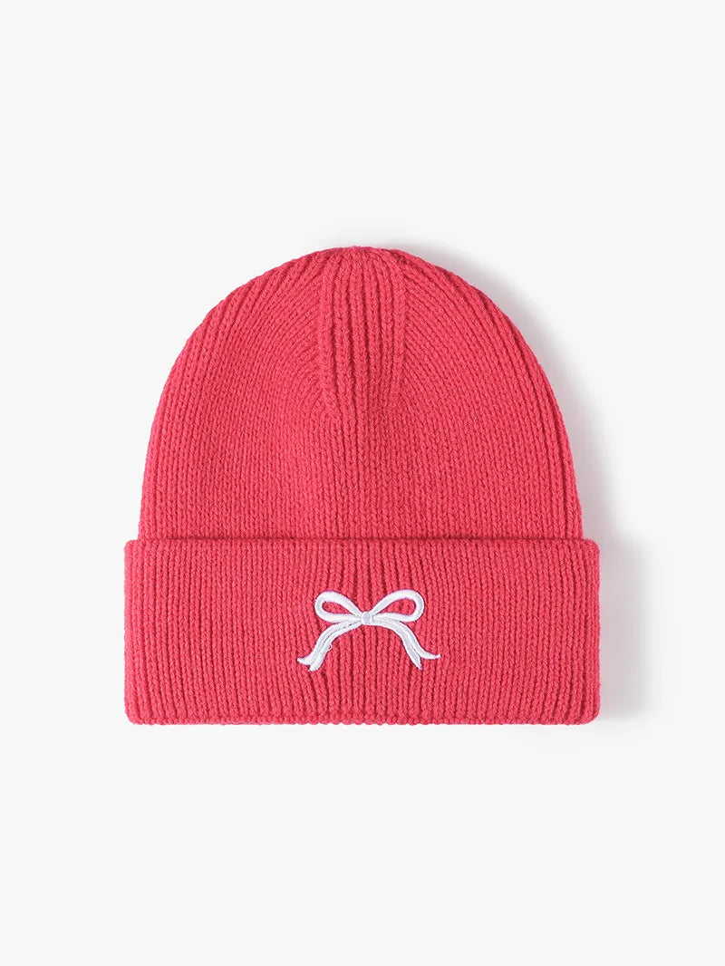 Embroidered Bow Knit Hat Strawberry One Size - Fashorio