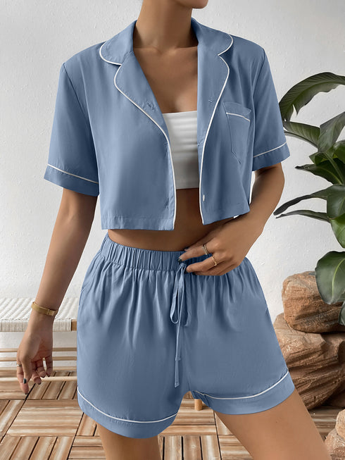 Ivy Lane Contrast Lapel Collar Cropped Shirt and Shorts Lounge Set - Fashorio