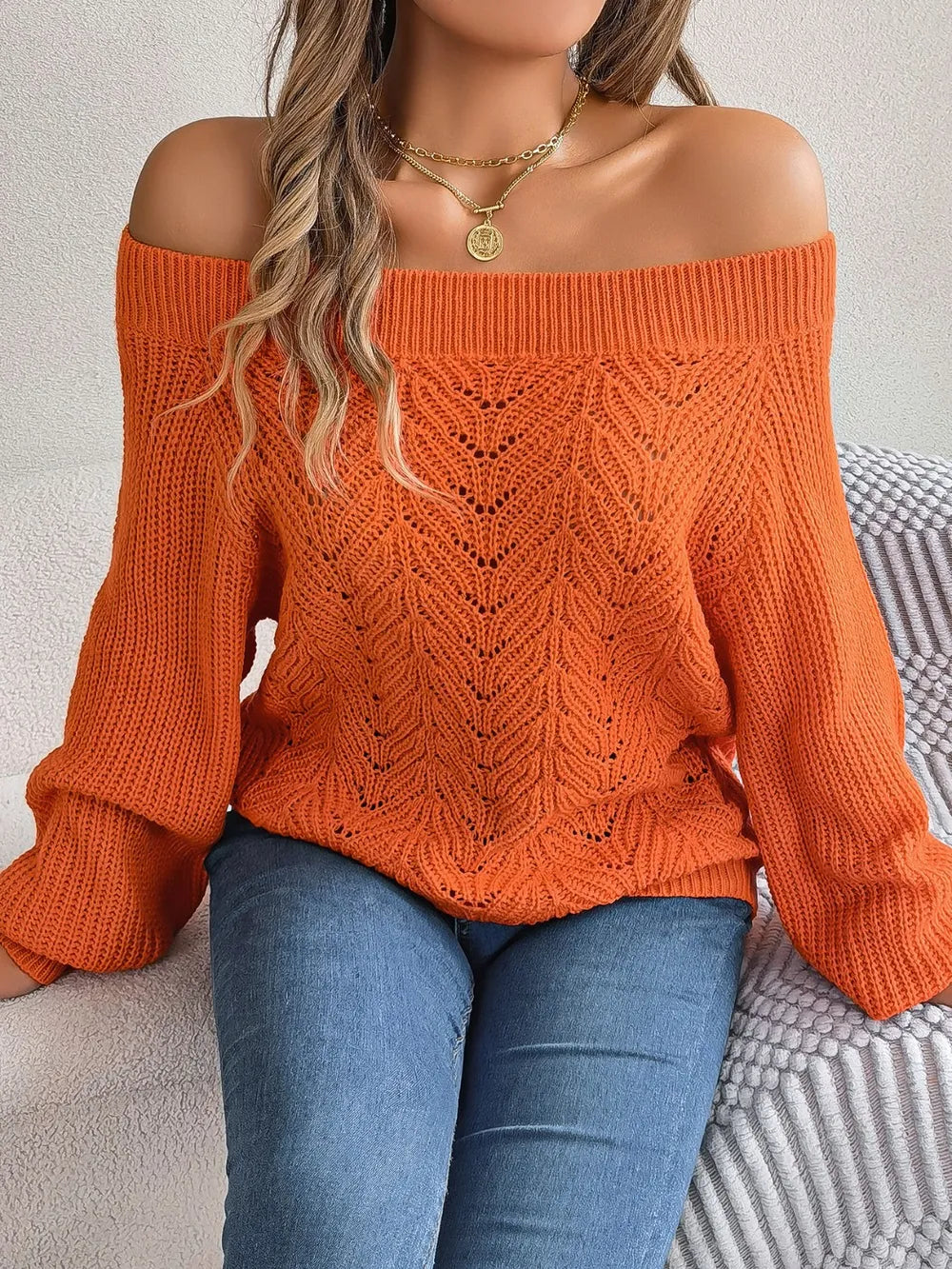 Openwork Off-Shoulder Long Sleeve Sweater - Fashorio