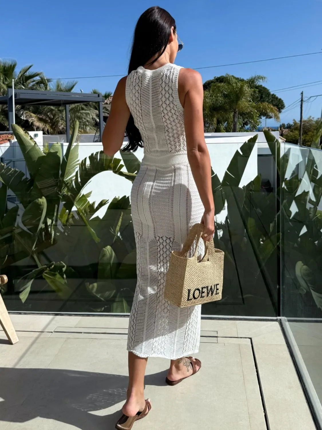 Openwork Round Neck Top and Slit Skirt Sweater Set - Fashorio
