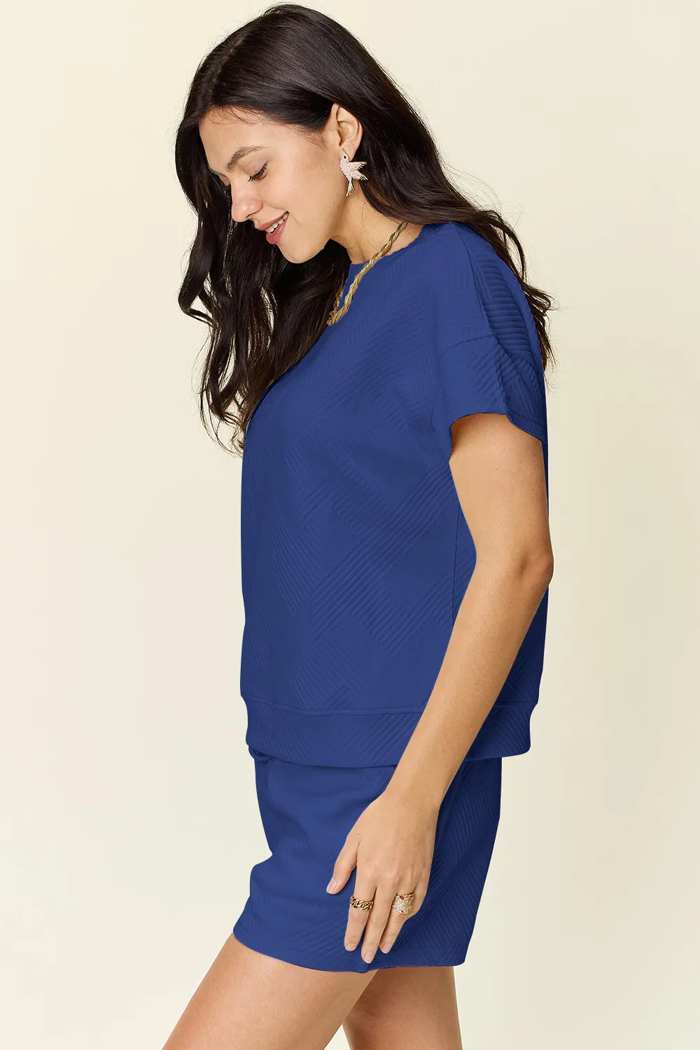 Double Take Full Size Texture Short Sleeve T-Shirt and Drawstring Shorts Set - Fashorio