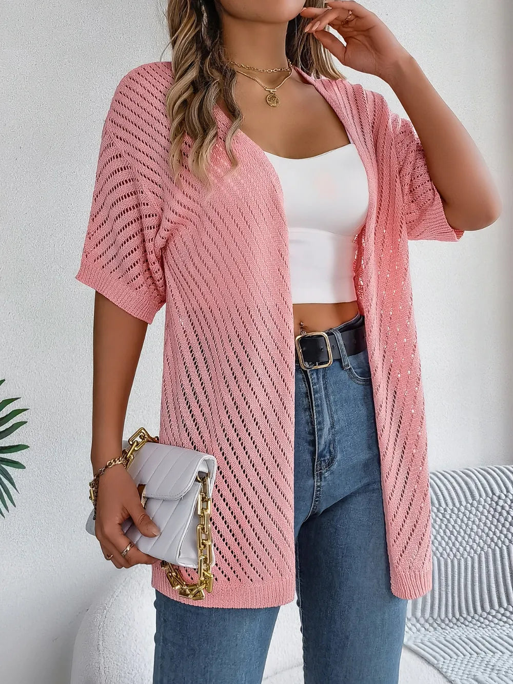 Openwork Open Front Half Sleeve Cardigan - Fashorio