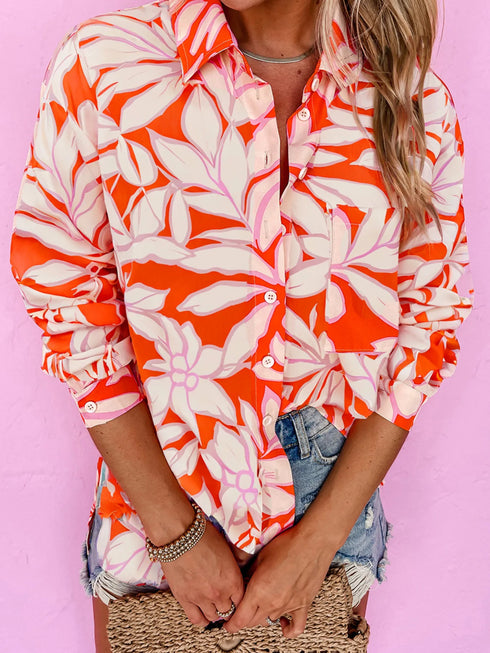 Botanical Print Single Chest Pocket Button Up Shirt Orange - Fashorio