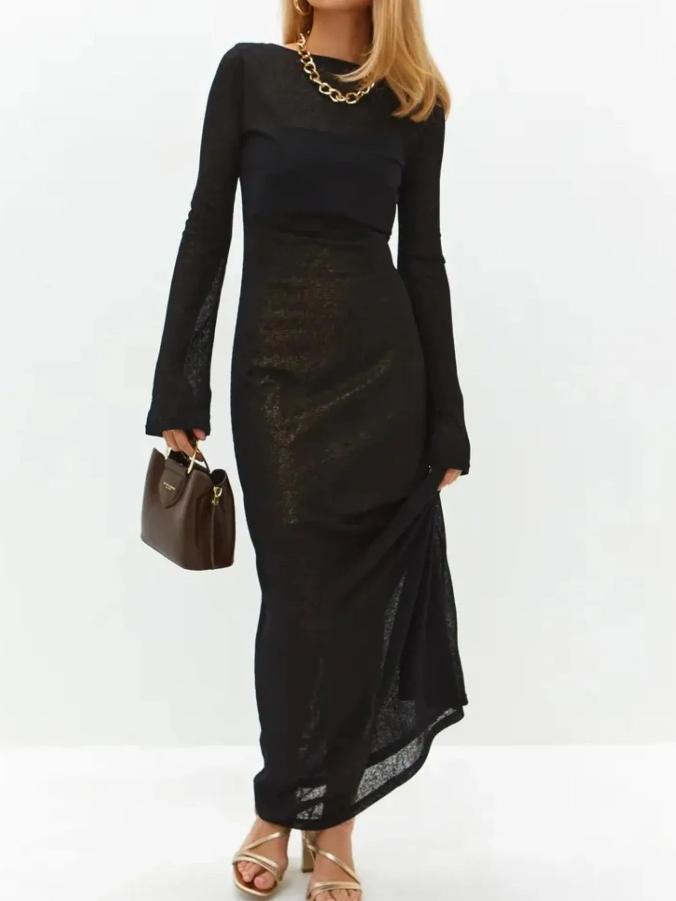 Backless Long Sleeve Maxi Cover-Up Black - Fashorio