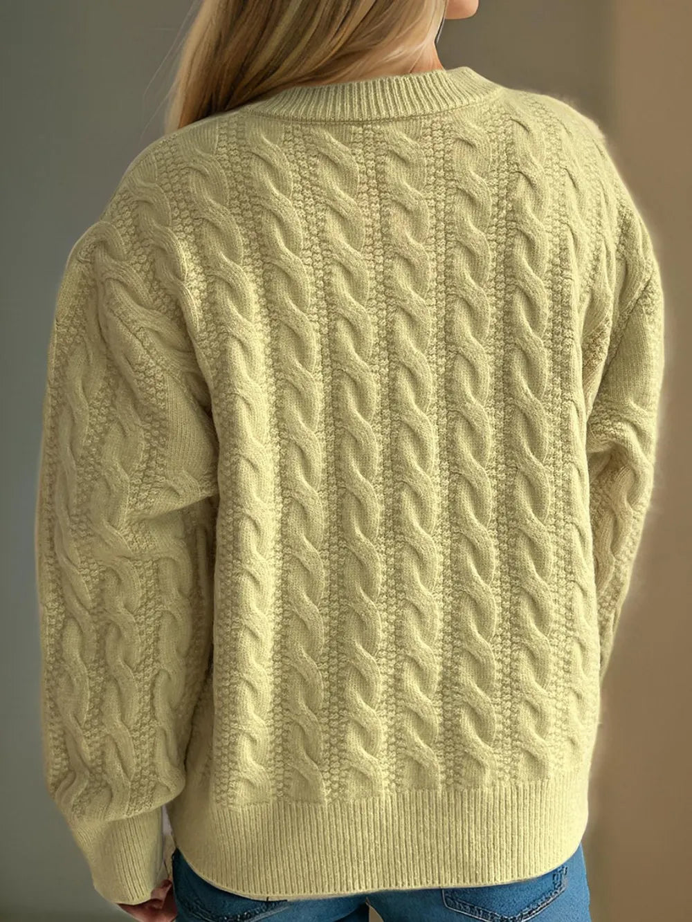 Cable-Knit Round Neck Long Sleeve Cardigan - Fashorio