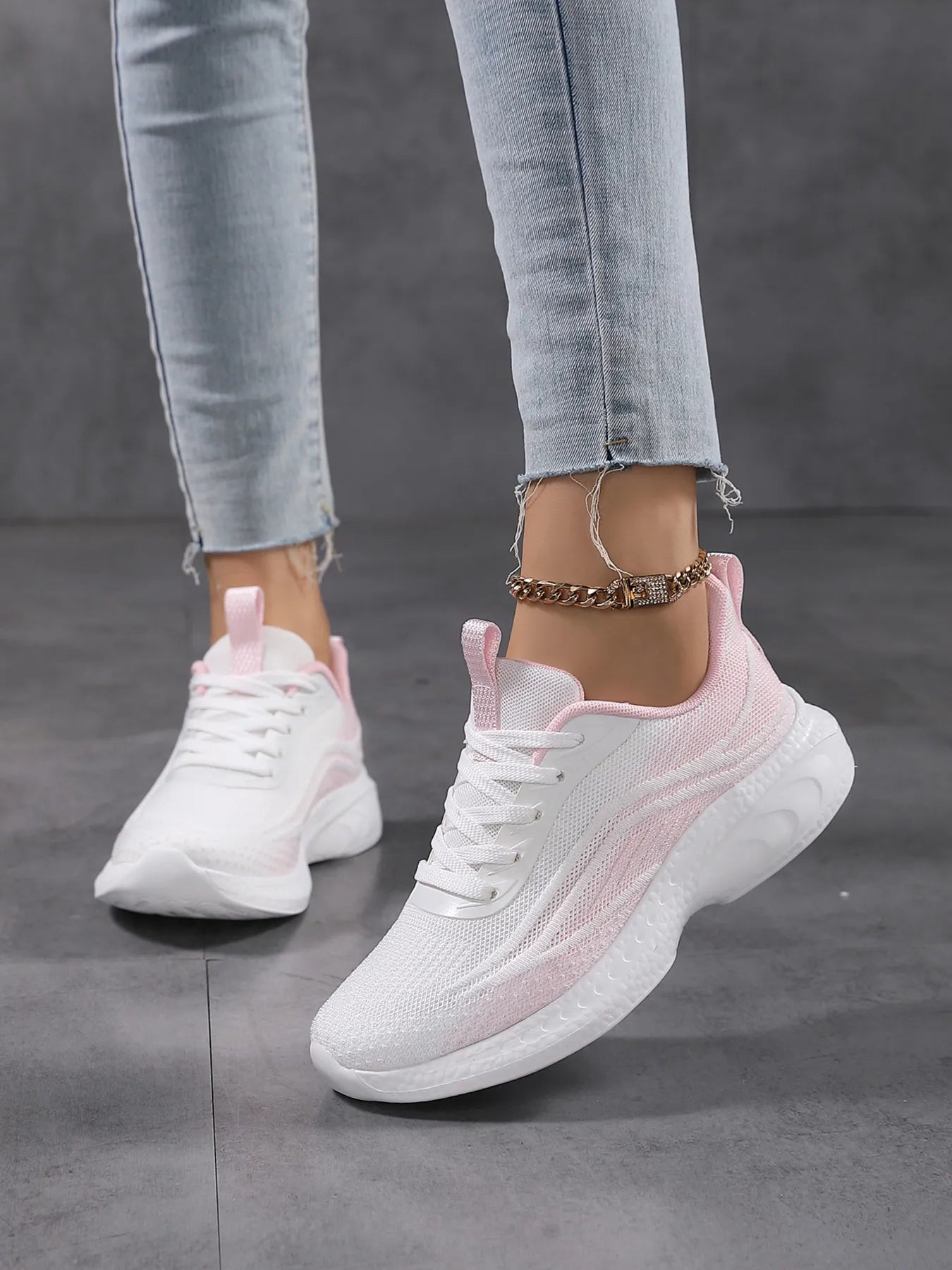 Gradient Lace Up Mesh Breathable Athletic White Powder - Fashorio