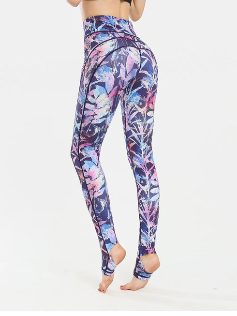 Printed Wide Waistband Active Leggings with Stirrups - Fashorio