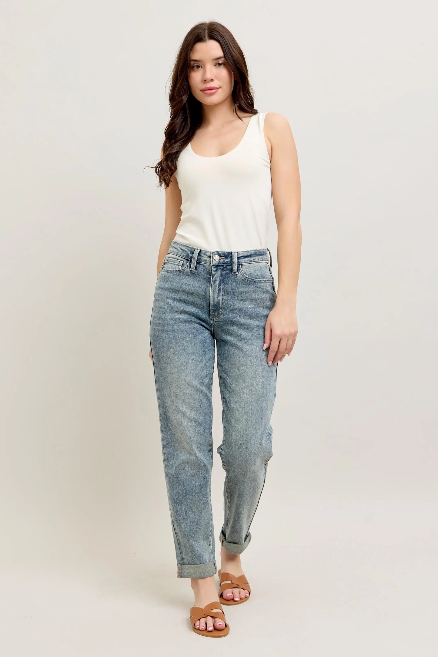Judy Blue Full Size Hw Vintage Wash Double Roll Cuff Bf Jeans Plus Size - Fashorio
