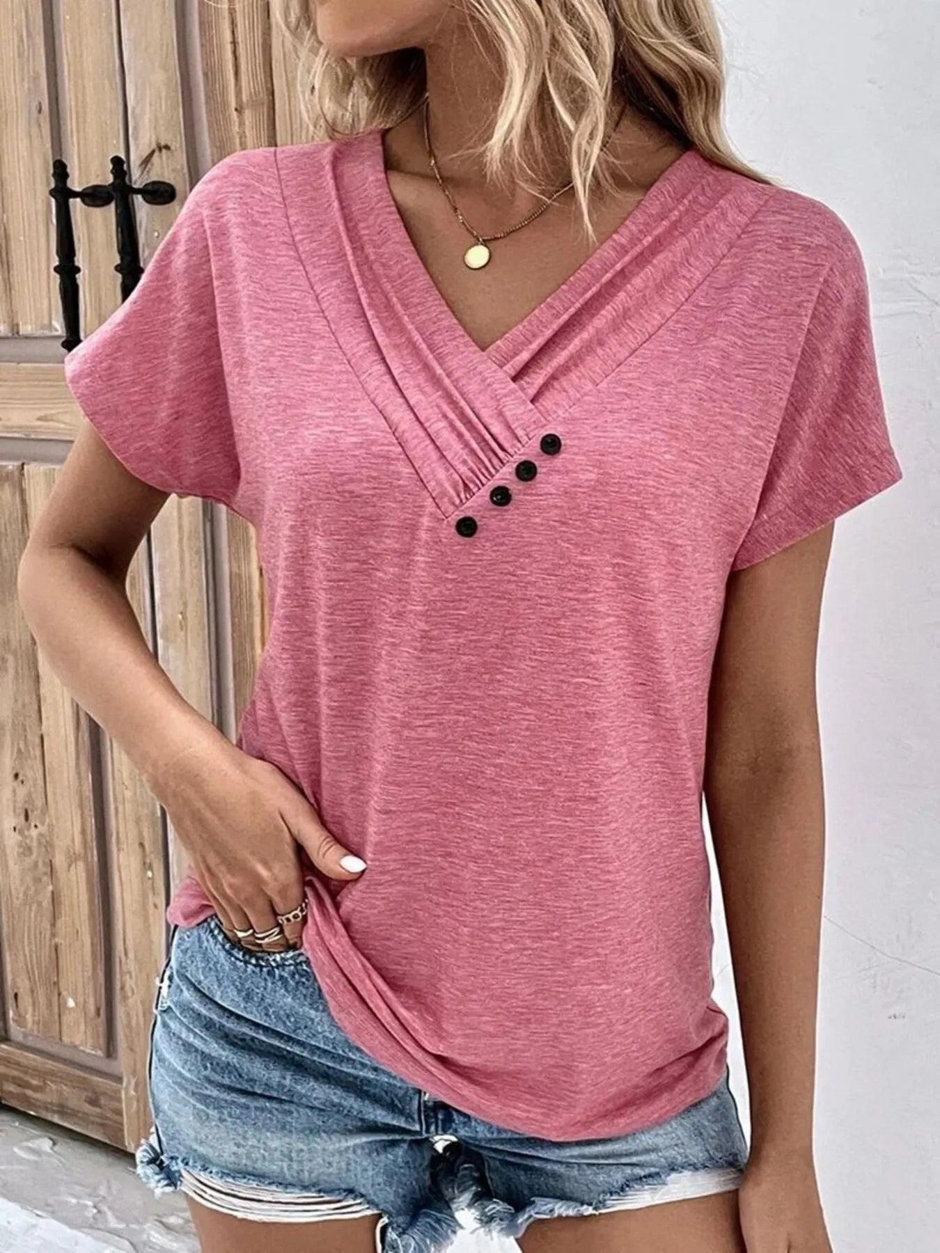 Decor Button Short Sleeve T-Shirt - Fashorio