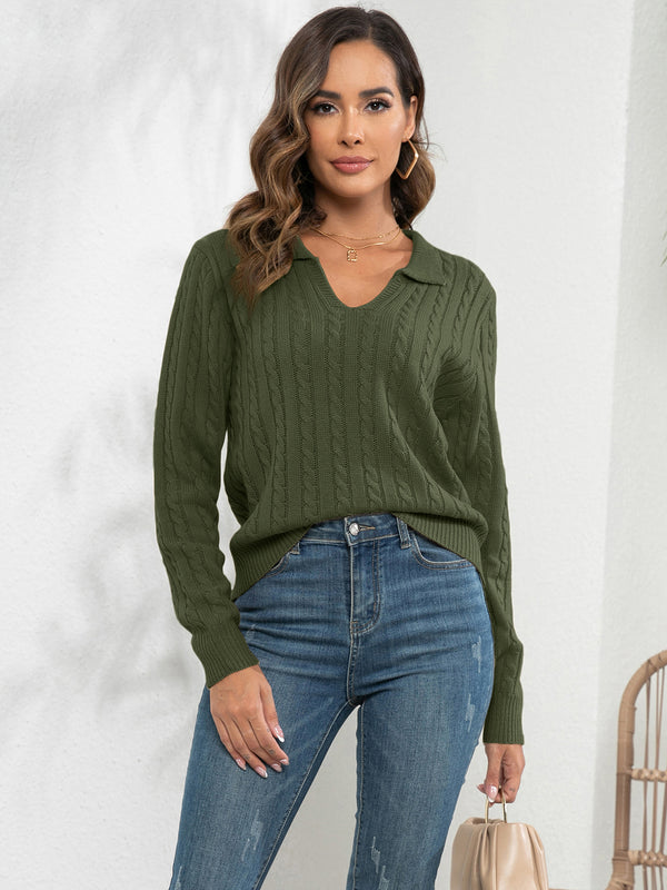 Johnny Collar Cable-Knit Long Sleeve Sweater Army Green - Fashorio