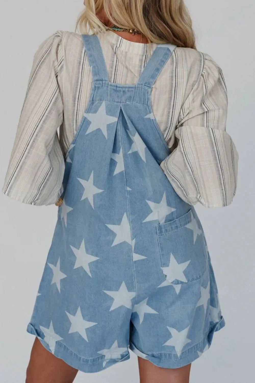 Star Print Square Neck Denim Overalls - Fashorio