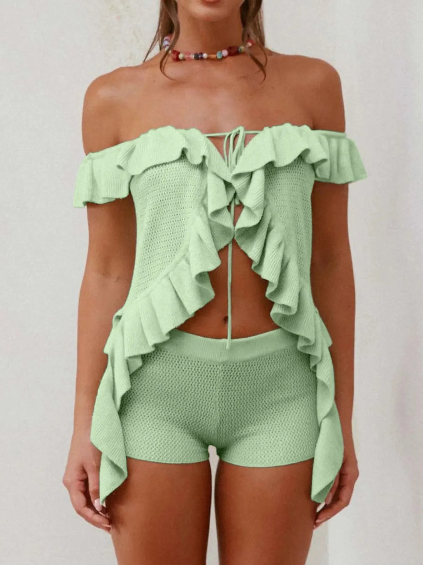 Off-Shoulder Ruffle Top and Shorts Sweater Set - Fashorio