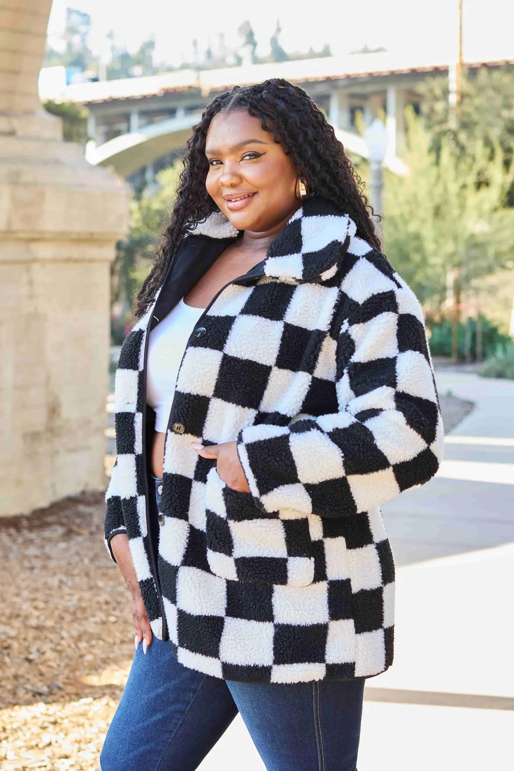 Double Take Full Size Checkered Button Front Coat with Pockets - Fashorio