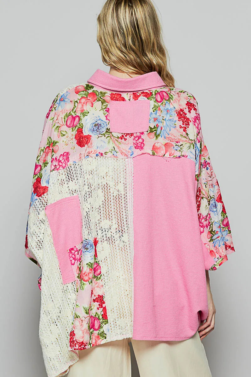 POL Thermal and Crochet Lace Mix Shirt with Floral Pattern - Fashorio