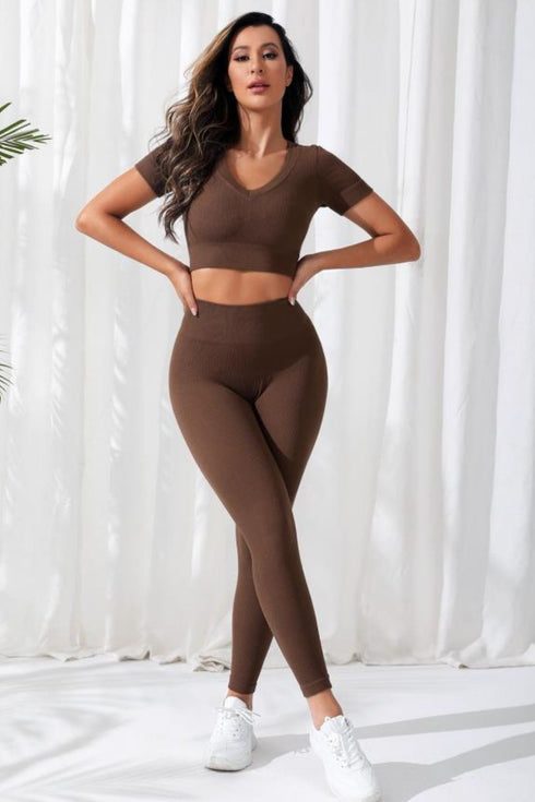 V-Neck Crop Top and High Waistband Long Active Pants Chocolate - Fashorio