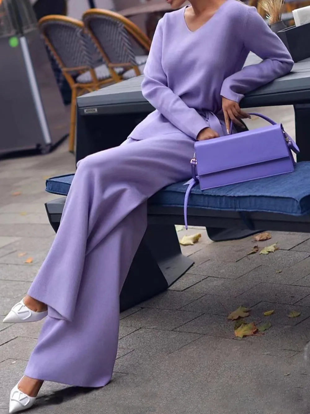 V-Neck Long Sleeve Top and Drawstring Pants Sweater Set Blue Purple One Size - Fashorio