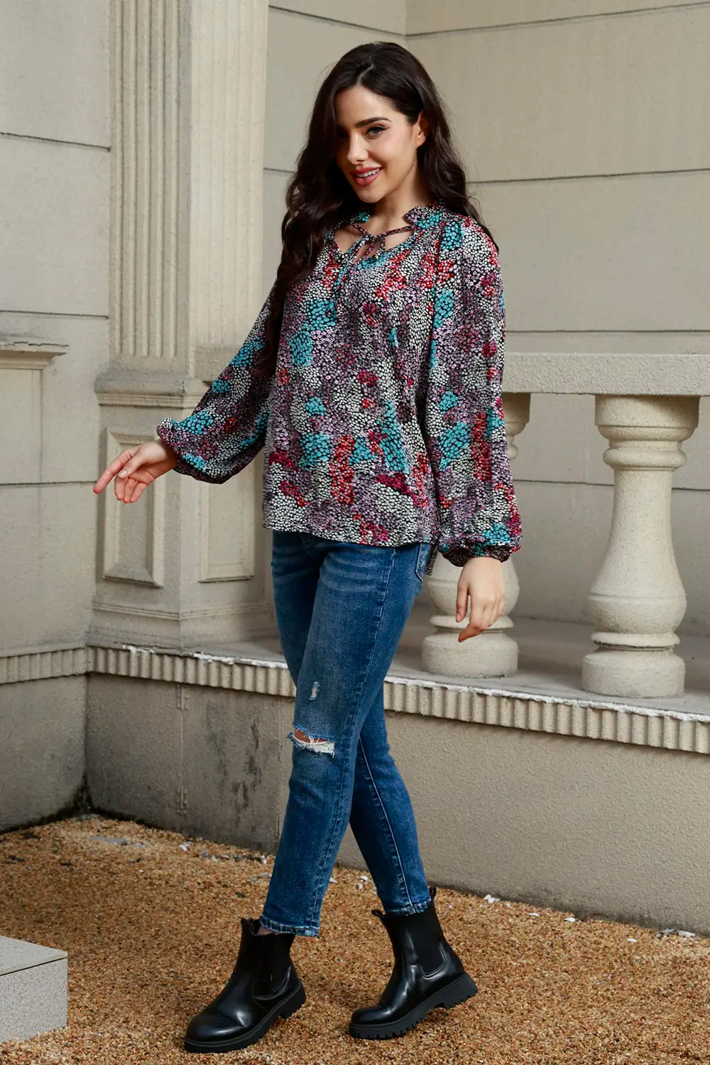 Tie Neck Heathered Balloon Sleeve Blouse - Fashorio