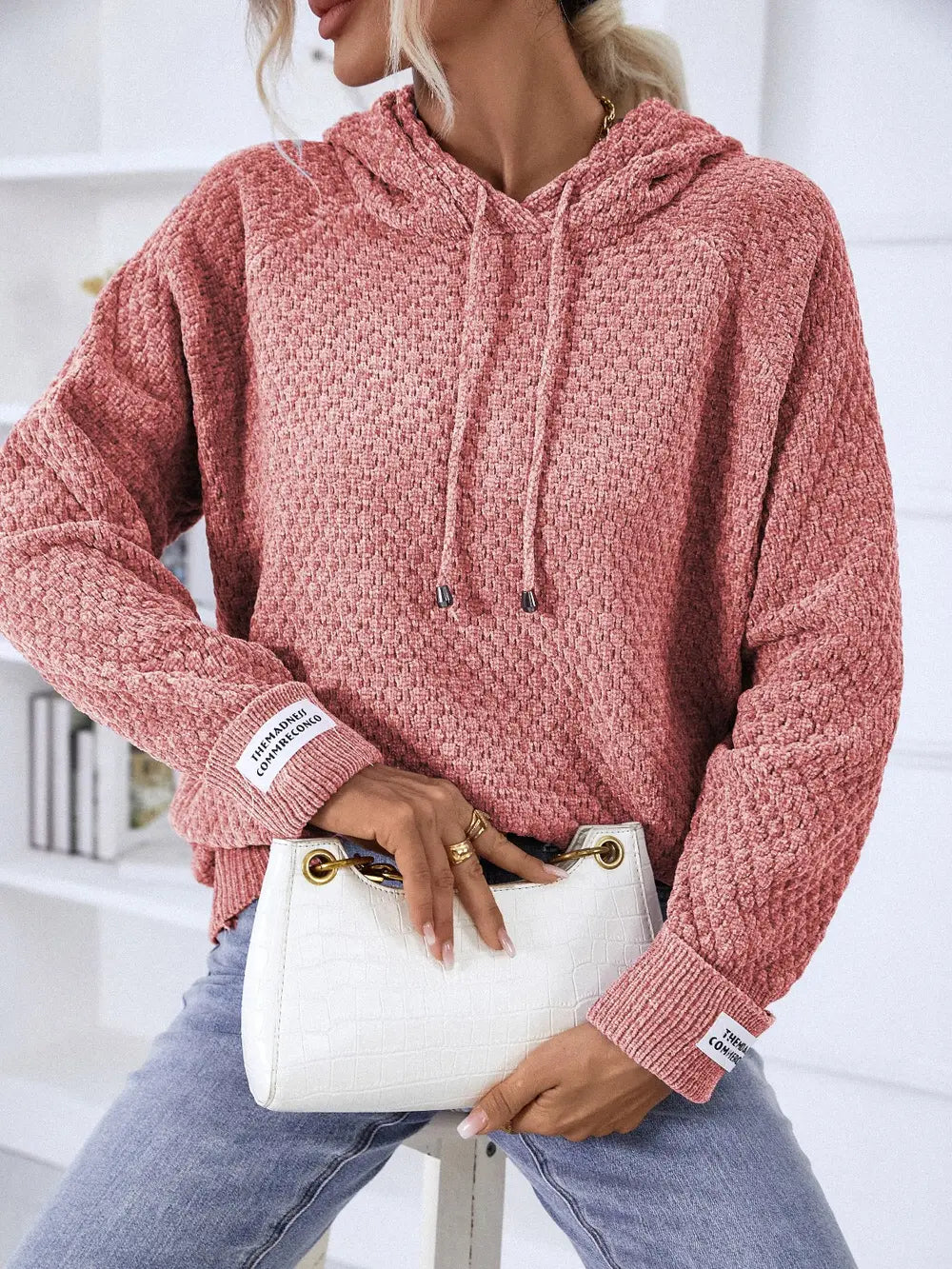 Texture Drawstring Long Sleeve Hooded Sweater - Fashorio