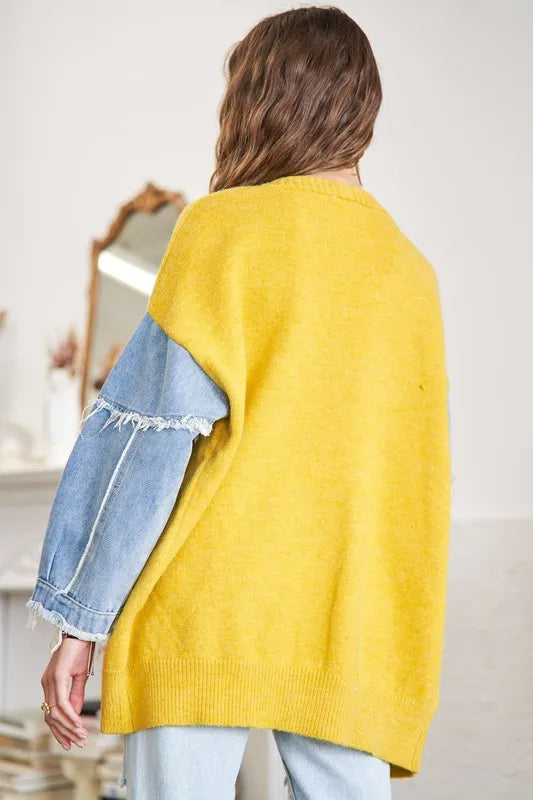 ADORA Full Size Frayed Denim Sleeve Sweater Cardigan Plus Size - Fashorio