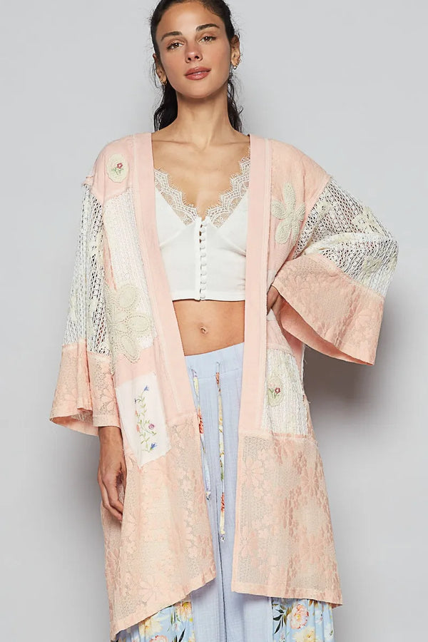 POL Double Gauze and Lace Mix Cardigan with Embroidered Detail Watermelon pink - Fashorio