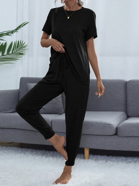 Shiny Round Neck Short Sleeve Top and Pants Set Black - Fashorio