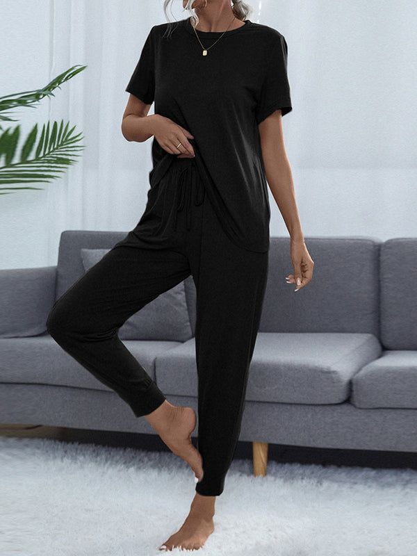 Shiny Round Neck Short Sleeve Top and Pants Set Black - Fashorio