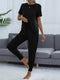 Shiny Round Neck Short Sleeve Top and Pants Set Black - Fashorio