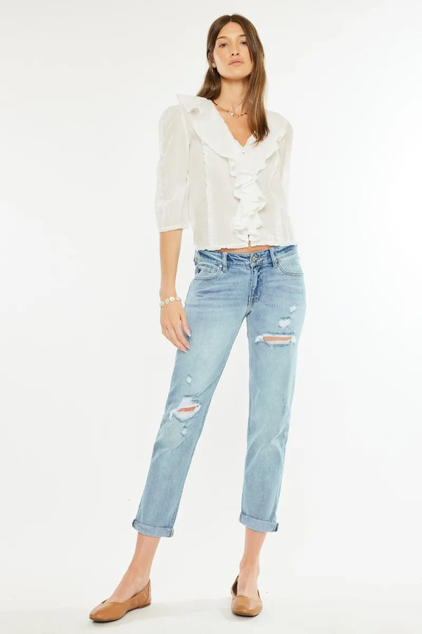 Kancan Mid Rise Distressed Boyfriend Fit Jeans LIGHT - Fashorio