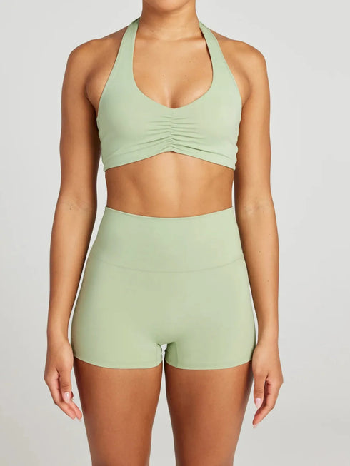 Halter Neck Cami and Shorts Active Set Light Green - Fashorio