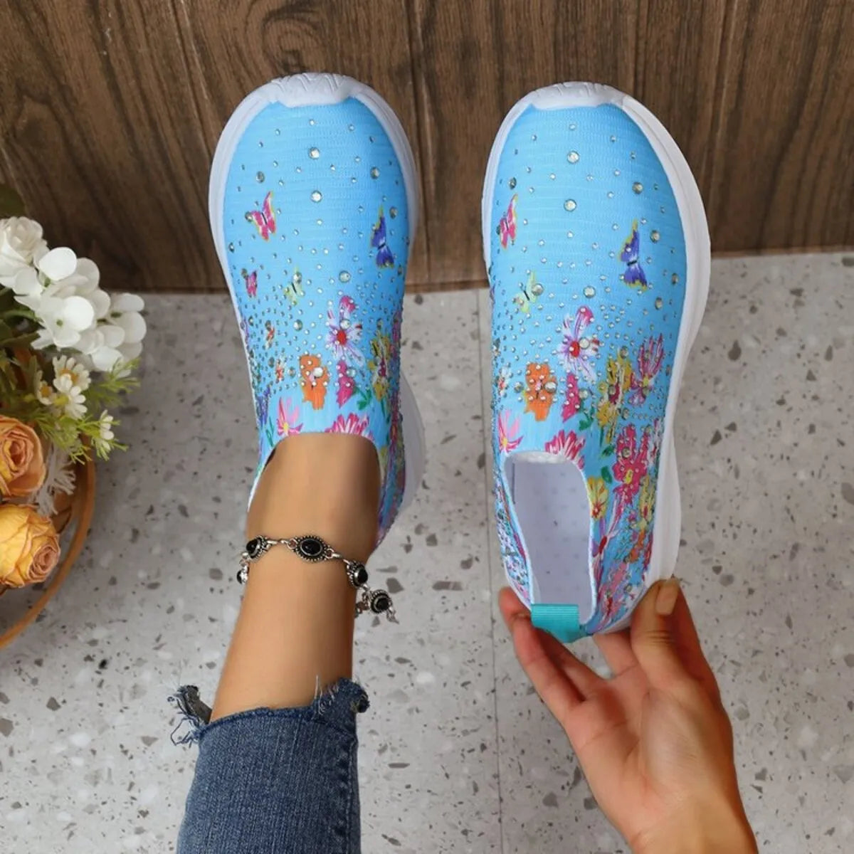 Rhinestone Floral Print Sneakers - Fashorio