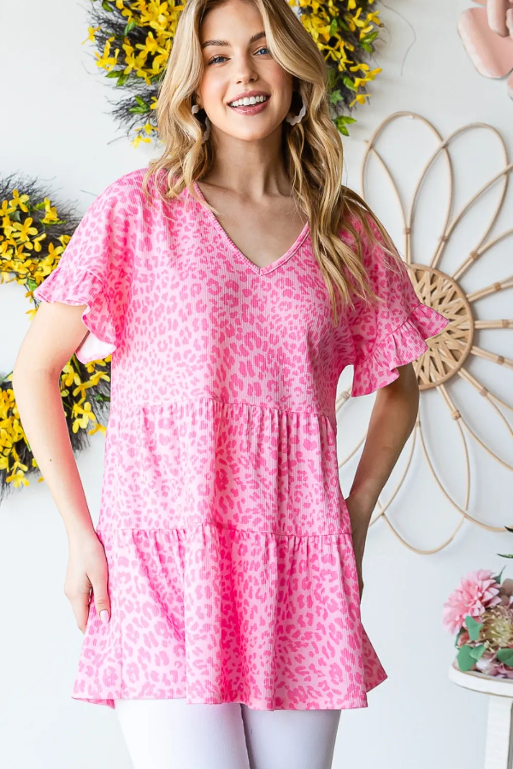 Heimish Full Size Leopard Ruffle Trim Short Sleeve Top - Fashorio