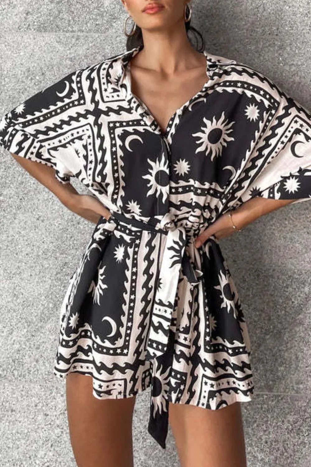 Printed Tie Waist Romper - Fashorio