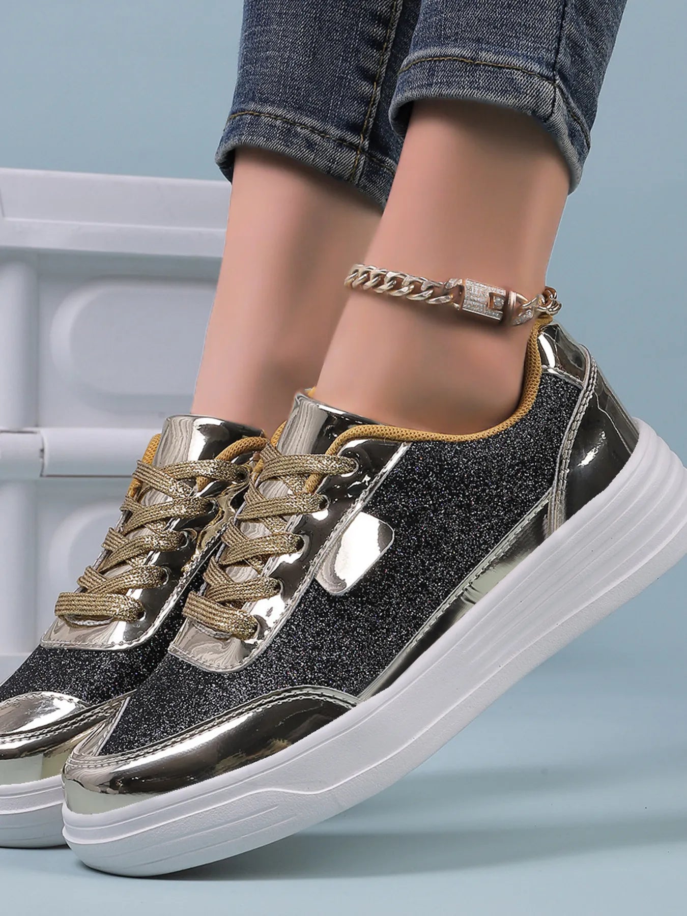 Glitter Metallic Platform Sneakers Black Gold - Fashorio