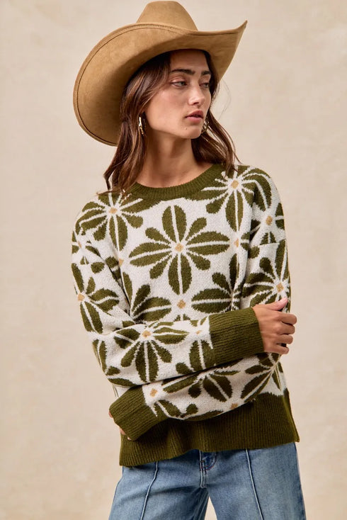 BiBi Flower Pattern Long Sleeve Sweater - Fashorio