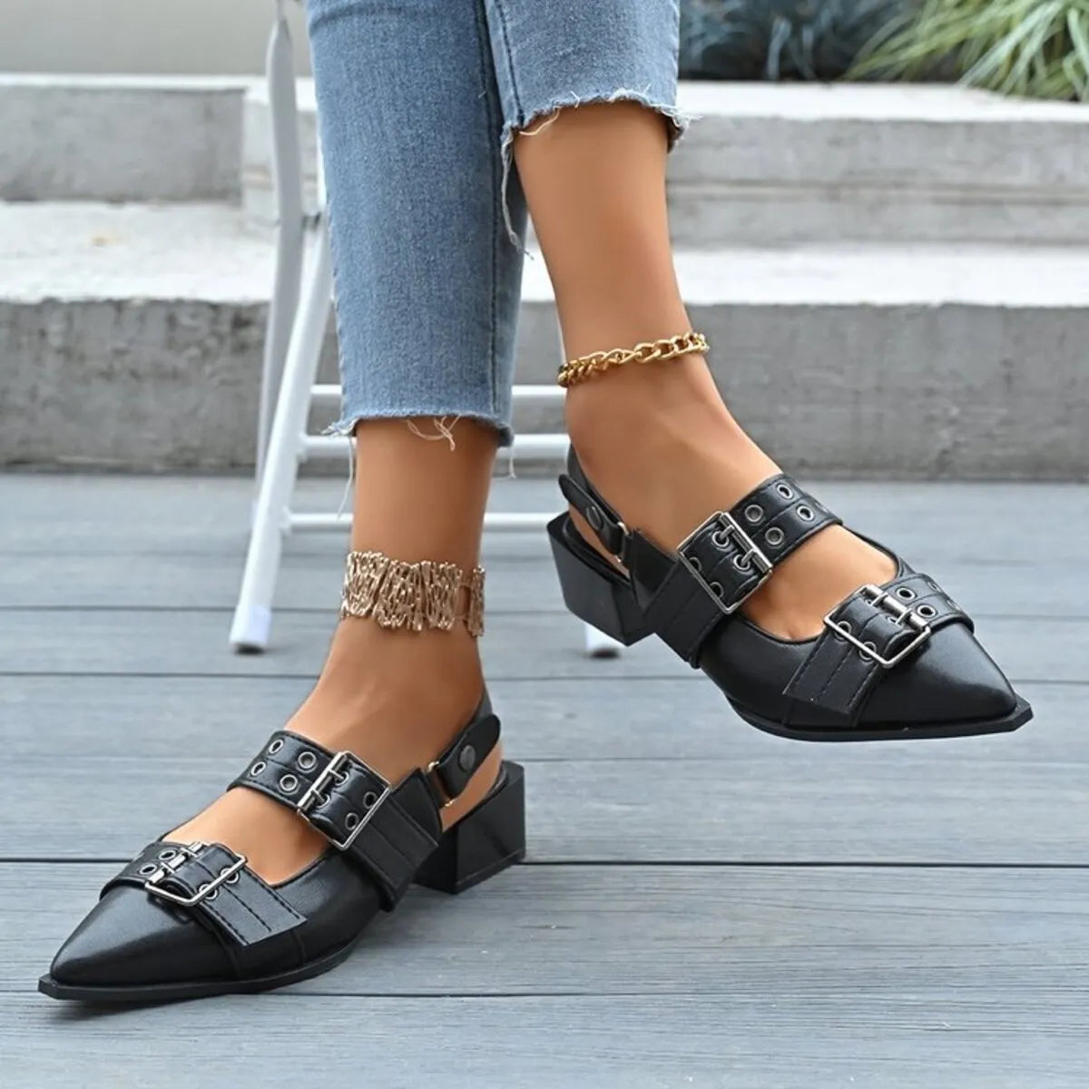 Point Toe Block Heels Slingback Pumps - Fashorio